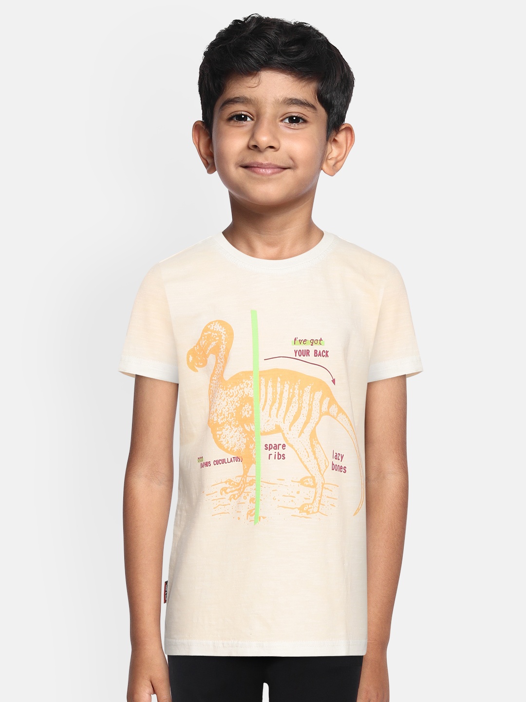 

Gini and Jony Boys Peach-Coloured Pure Cotton Dodo Bird Printed Round Neck Pure Cotton T-shirt