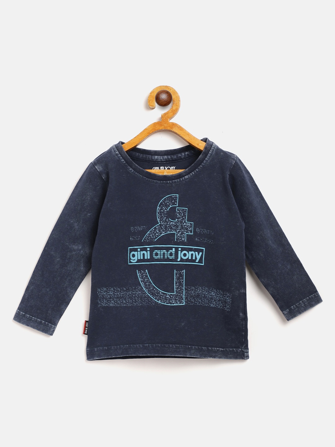 

Gini and Jony Boys Navy Blue Brand Logo Print Round Neck Pure Cotton T-shirt