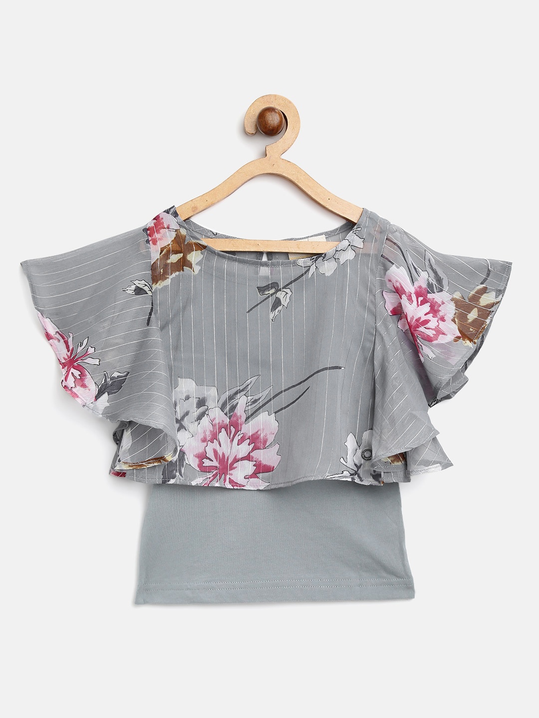 

Gini and Jony Girls Grey Printed Layered Semi-Sheer Top