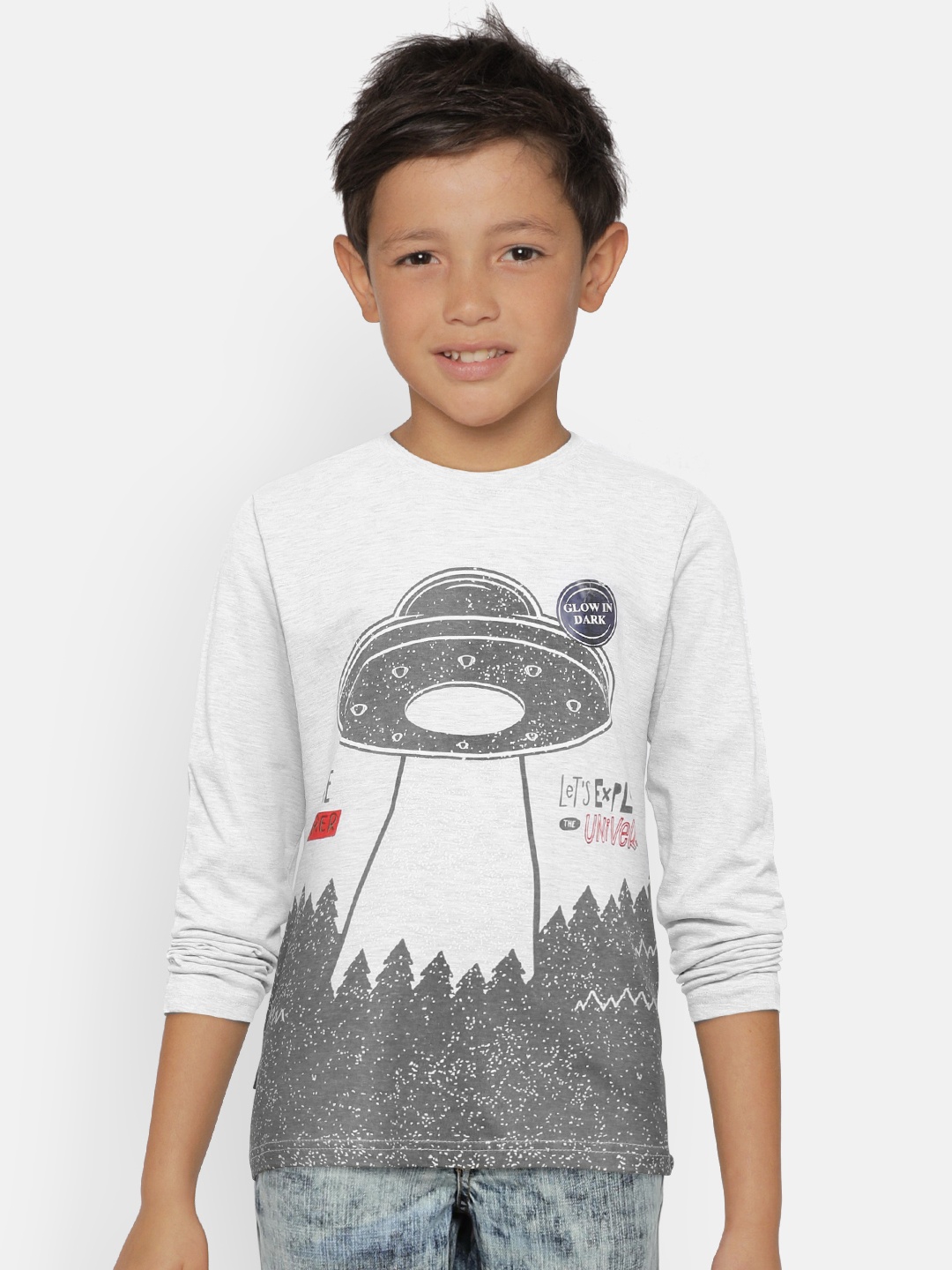 

Gini and Jony Boys Grey Melange Glow-In-The-Dark Graphic Print T-shirt