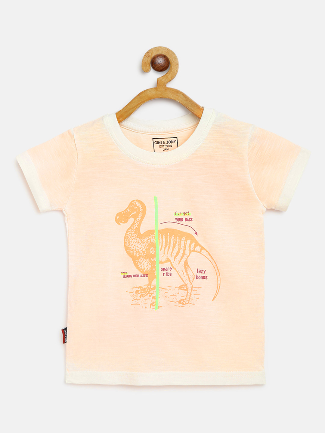 

Gini and Jony Boys Peach-Coloured Pure Cotton Dodo Bird Printed Round Neck Pure Cotton T-shirt