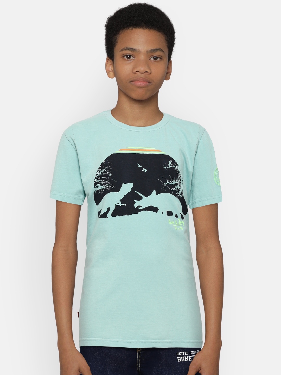 

Gini and Jony Boys Sea Green Printed Round Neck Pure Cotton T-shirt