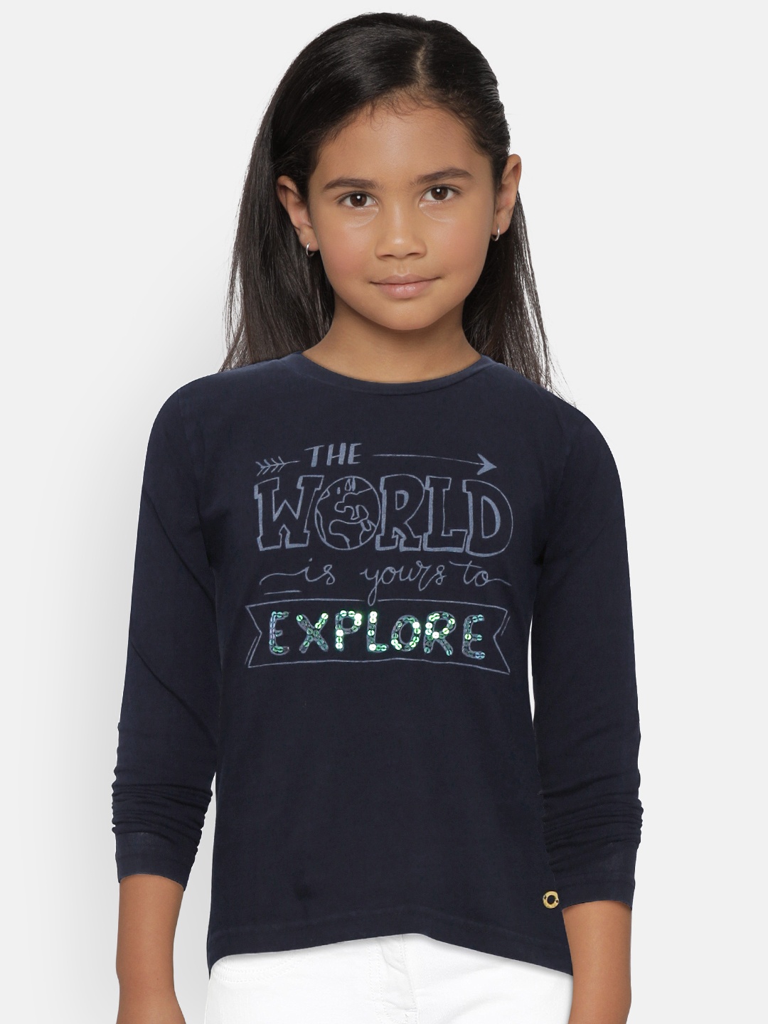 

Gini and Jony Girls Navy Blue Printed Round Neck Pure Cotton T-shirt with Sequinned Detail