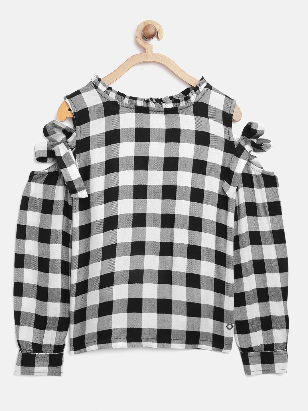 

Gini and Jony Girls Black & White Checked Cold-Shoulder Pure Cotton Top