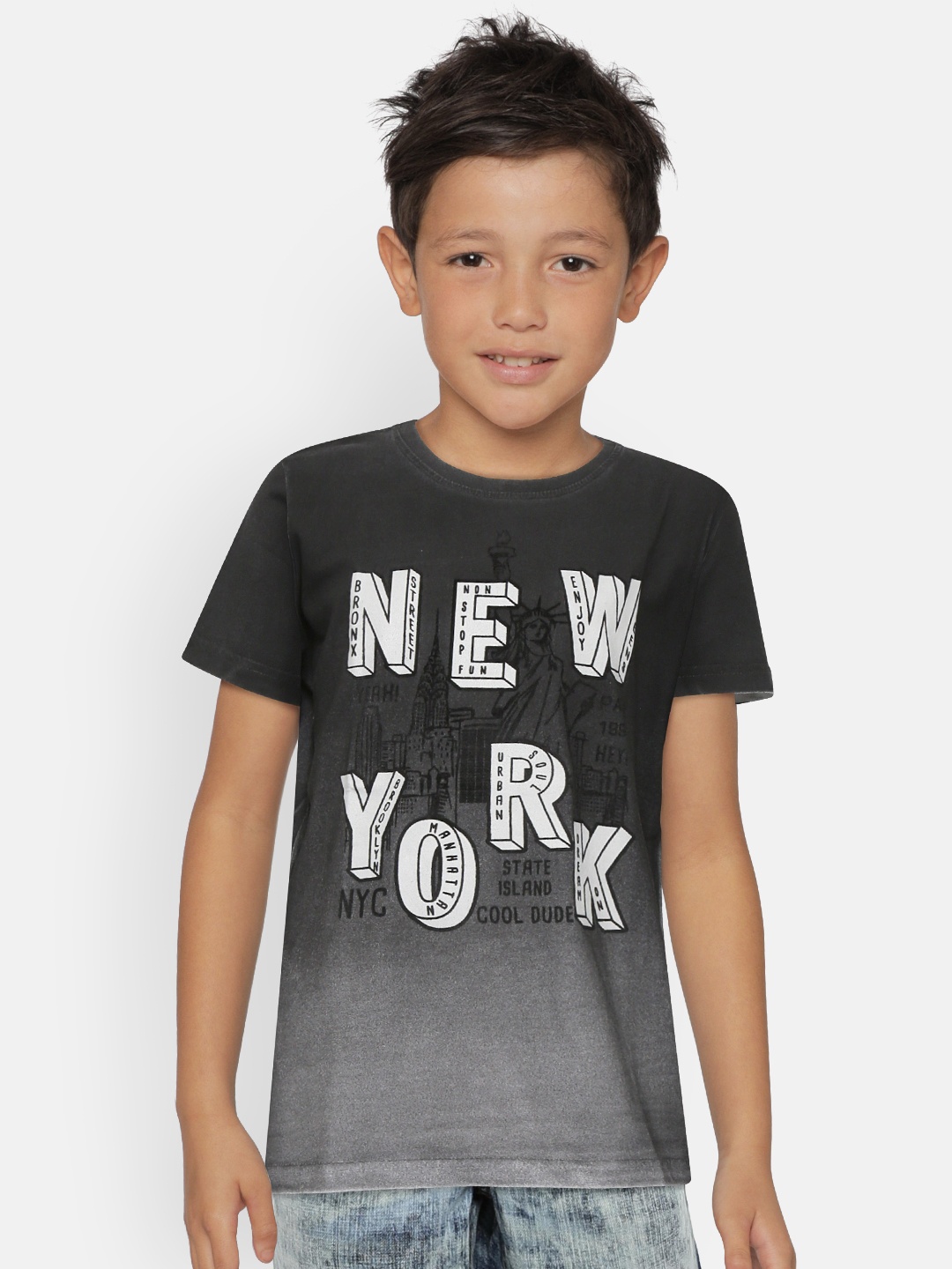 

Palm Tree Boys Charcoal Grey Pure Cotton Printed Round Neck Pure Cotton T-shirt