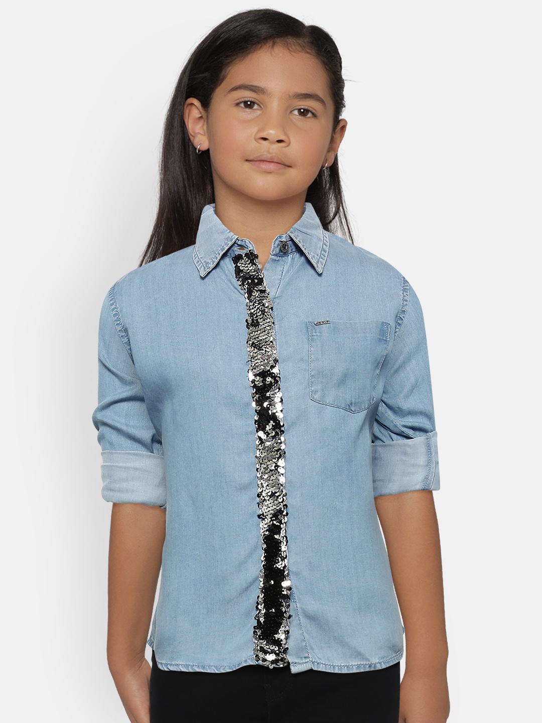 

Gini and Jony Girls Blue Regular Fit Solid Chambray Casual Shirt with Sequinned Detail