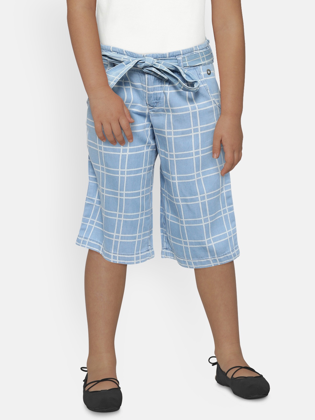 

Gini and Jony Girls Blue & White Regular Fit Checked Chambray Culottes
