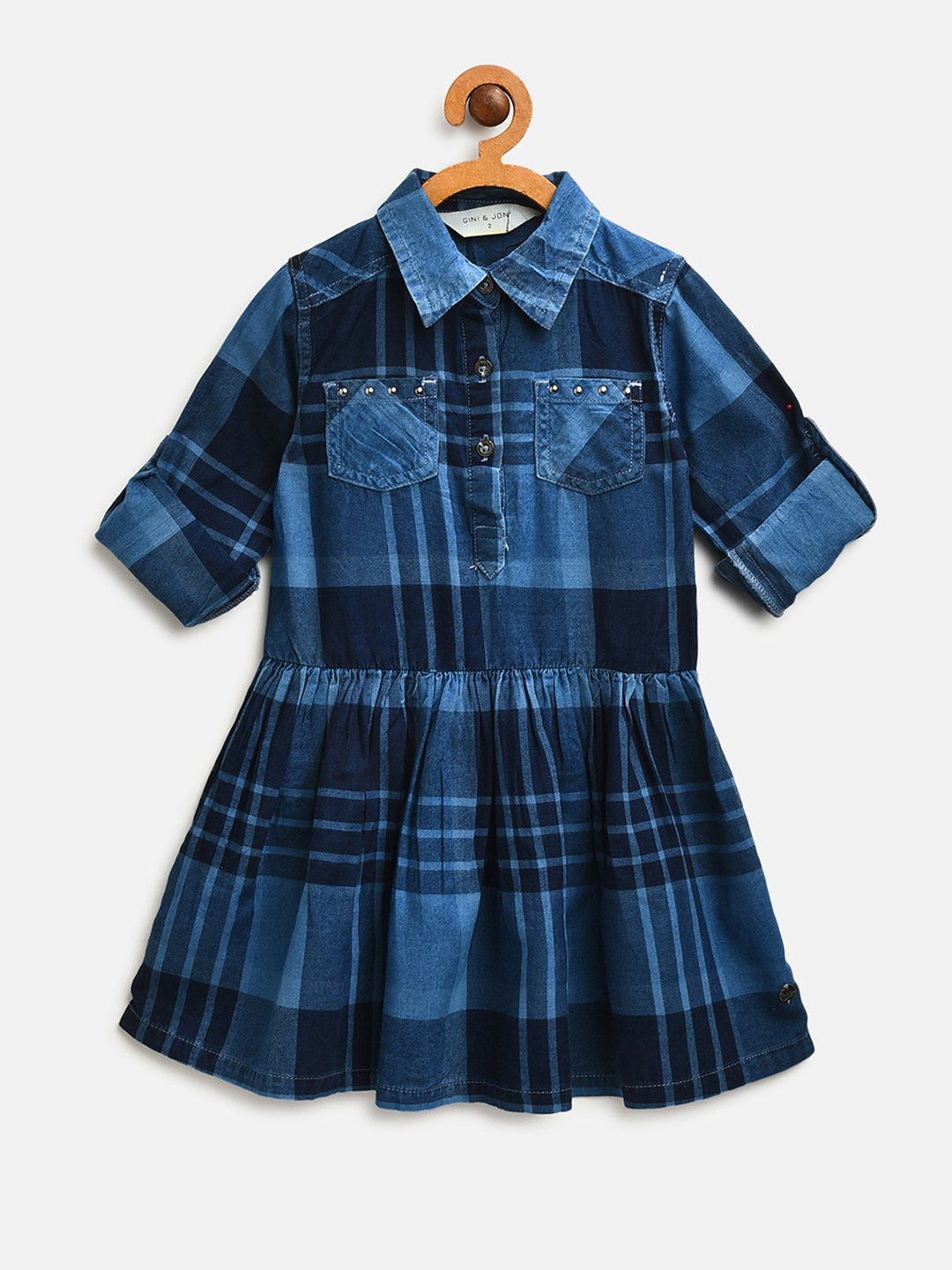 

Gini and Jony Girls Navy Checked Shirt Dress, Navy blue