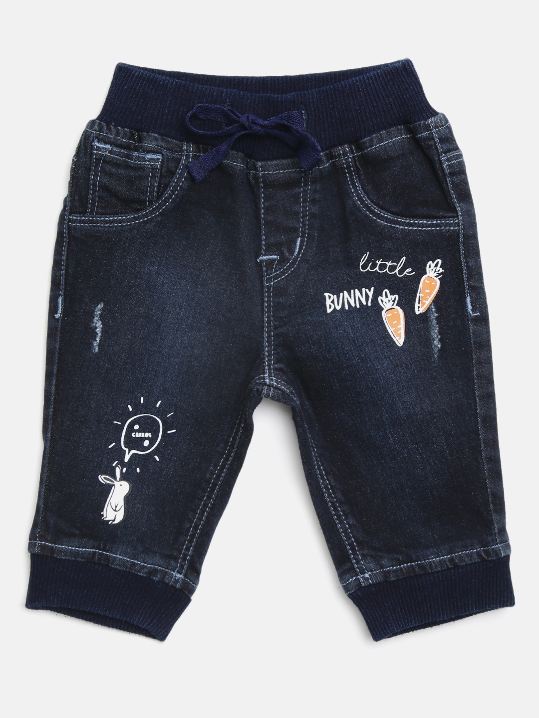 

Gini and Jony Girls Navy Blue Regular Fit Solid Denim Joggers with Printed Detail