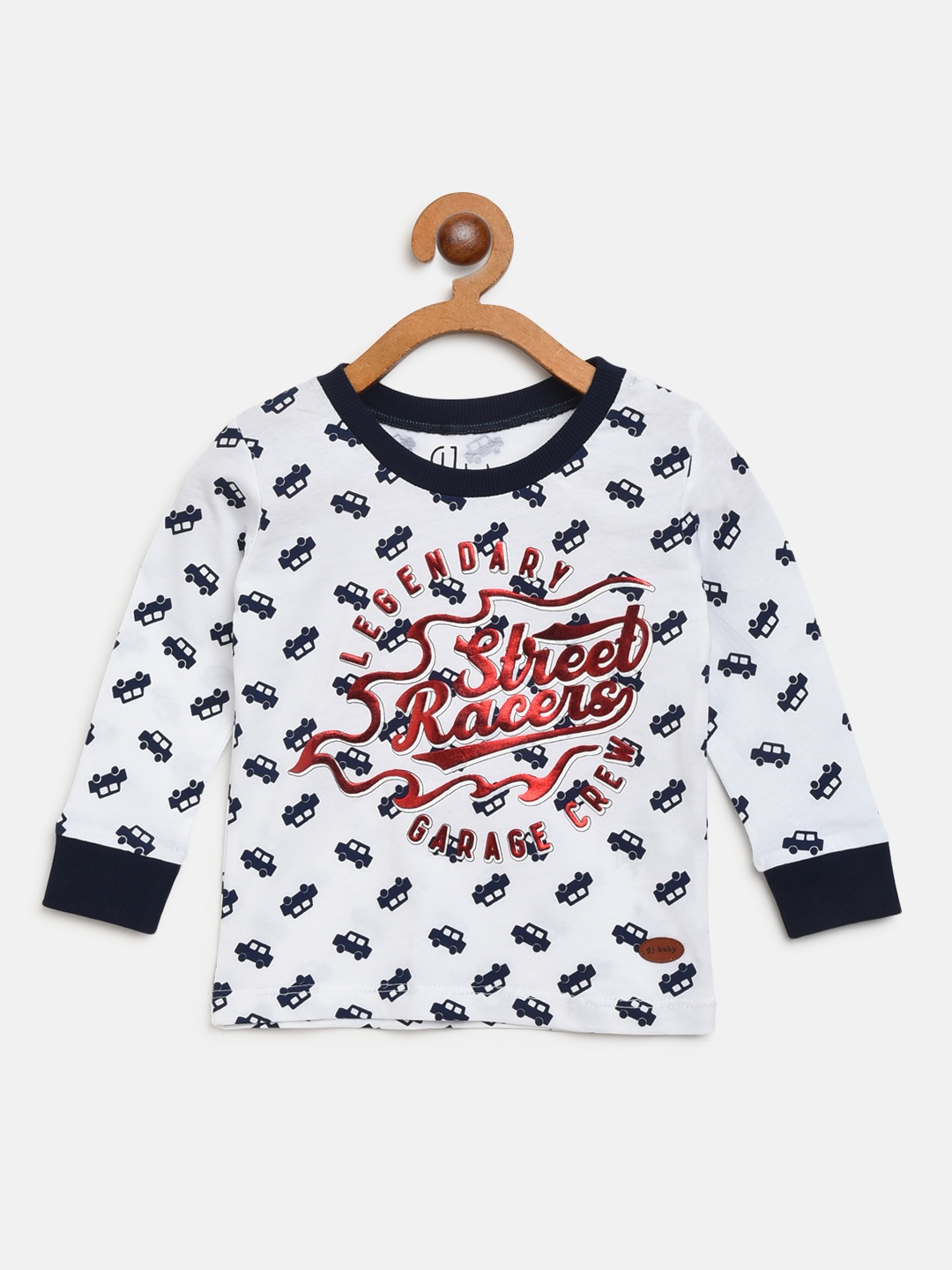 

Gini and Jony Boys White Navy Blue Printed Round Neck Pure Cotton T-shirt