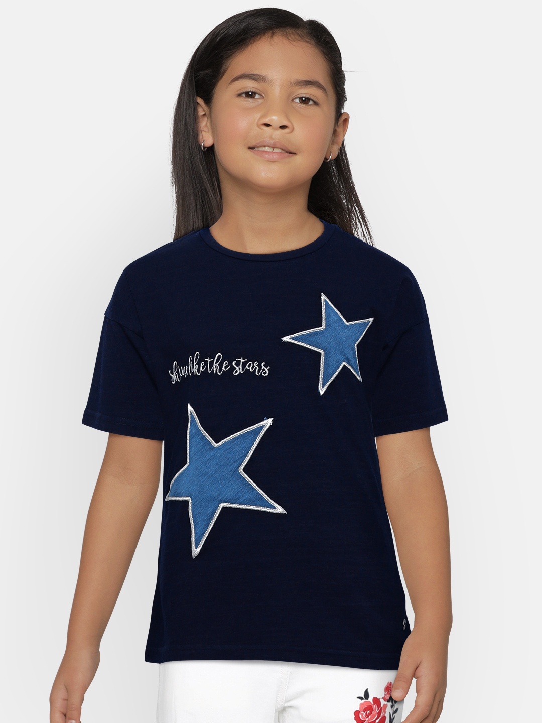 

Gini and Jony Girls Navy Blue Applique Round Neck T-shirt
