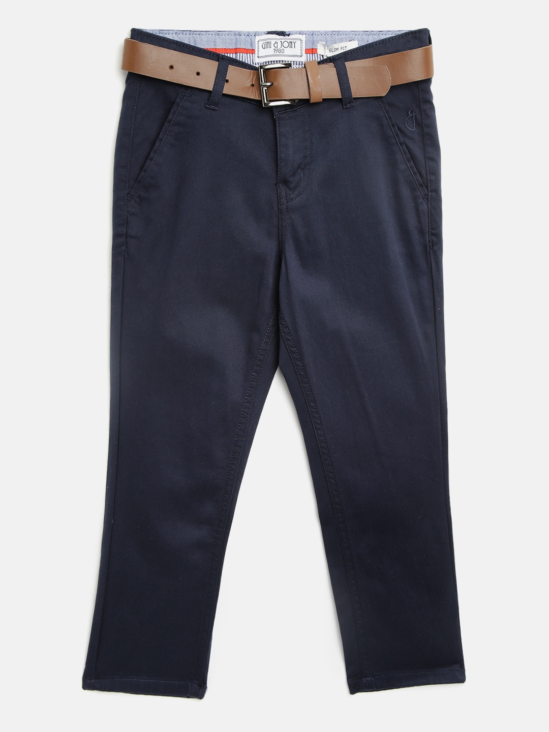 

Gini and Jony Boys Navy Blue Slim Fit Solid Chinos with Belt