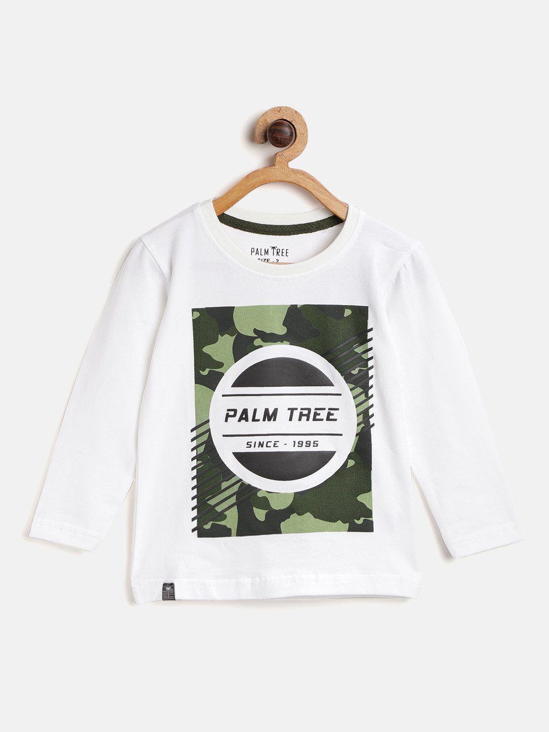 

Palm Tree Boys White & Olive Green Printed Round Neck T-shirt