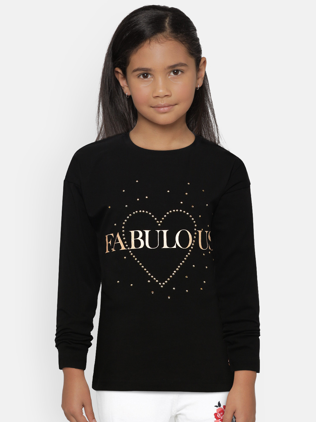 

Gini and Jony Girls Black & Golden Printed Round Neck T-shirt with Studded Detail