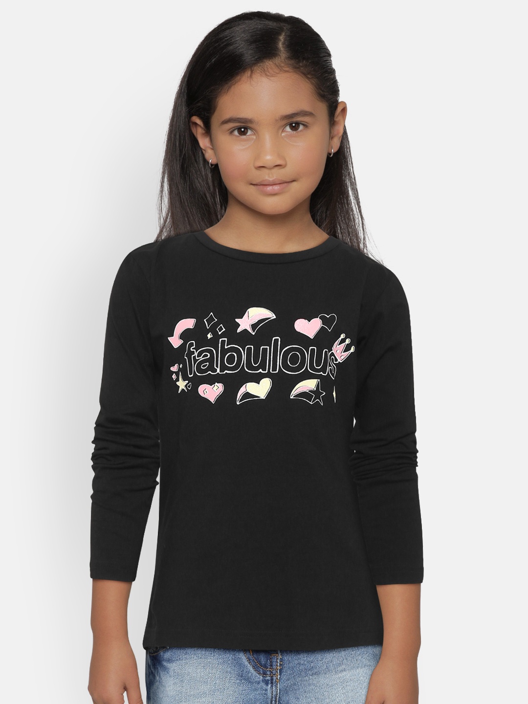 

Gini and Jony Girls Black Printed Round Neck T-shirt