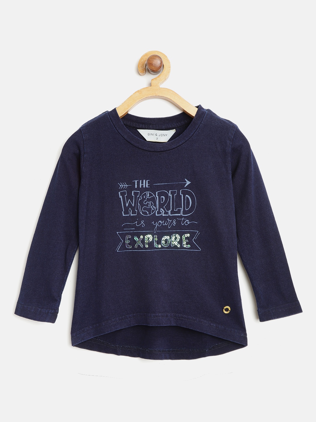 

Gini and Jony Girls Navy Blue Printed Round Neck Pure Cotton T-shirt