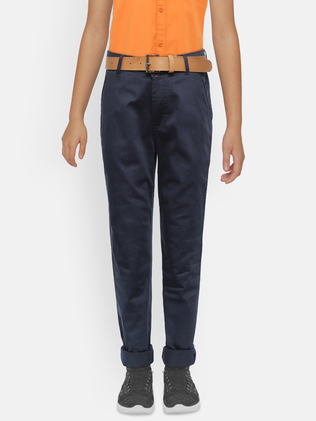 

Gini and Jony Boys Navy Blue Slim Fit Solid Chinos with Belt