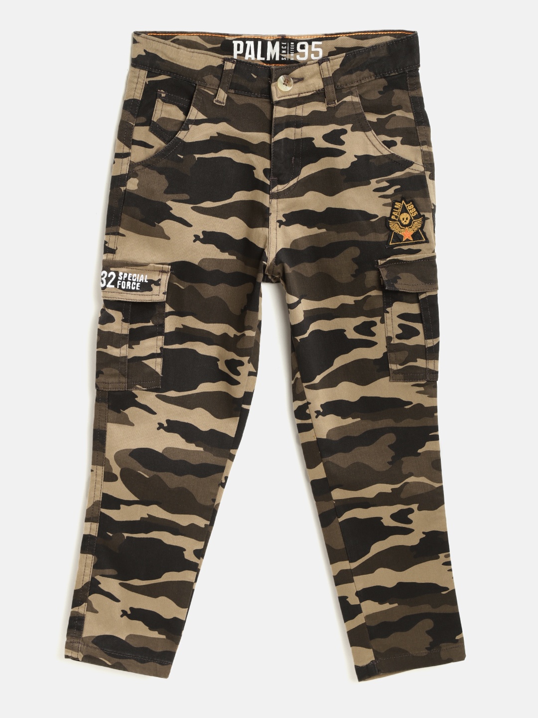 

Palm Tree Boys Olive Green & Black Regular Fit Camouflage Print Cargos