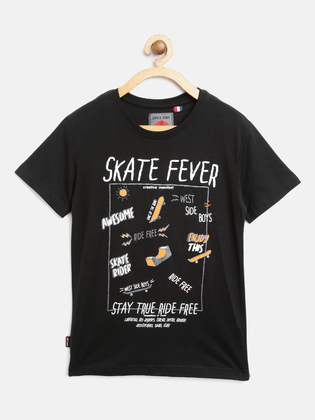 

Gini and Jony Boys Black Printed Round Neck Pure Cotton T-shirt