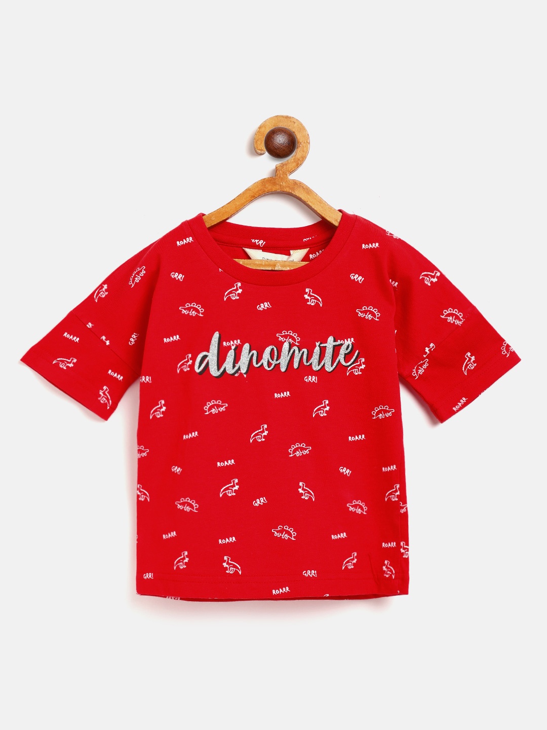 

Gini and Jony Girls Red & White Conversational Printed Round Neck Cotton T-shirt
