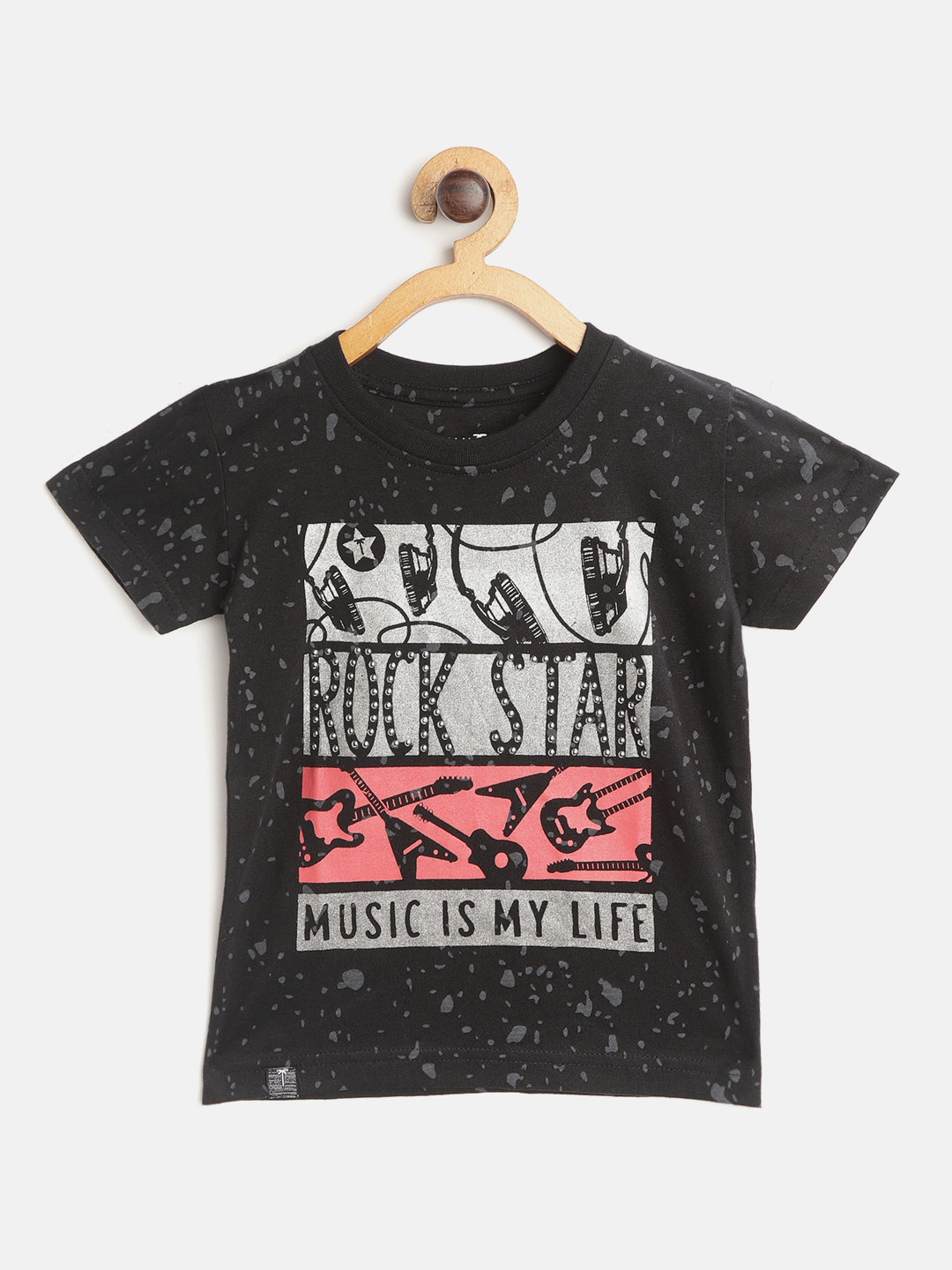 

Palm Tree Boys Black Silver Rockstar Print Round Neck Pure Cotton T-shirt