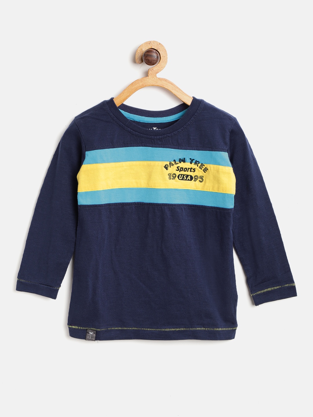 

Palm Tree Boys Navy Blue & Yellow Striped Round Neck T-shirt