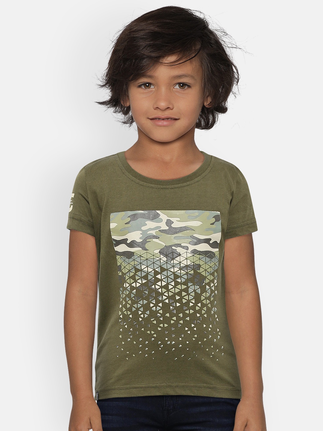 

Palm Tree Boys Olive Green Camouflage Print Round Neck T-shirt