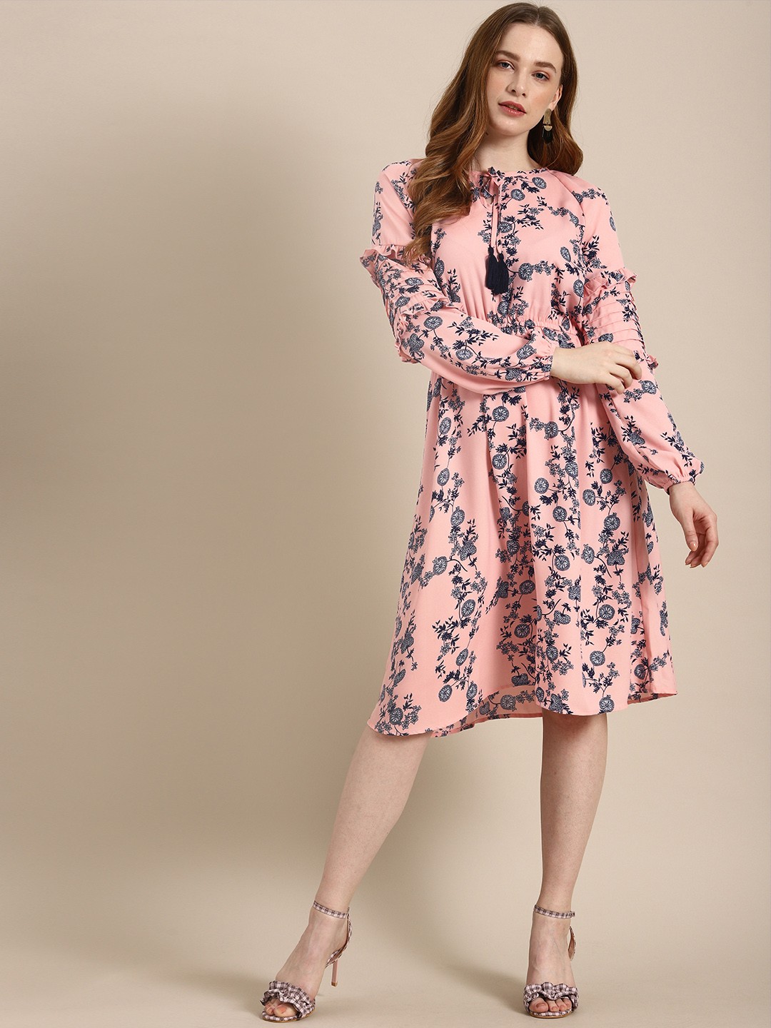 

DressBerry Women Pink & Navy Blue Floral Printed Fit and Flare Dress