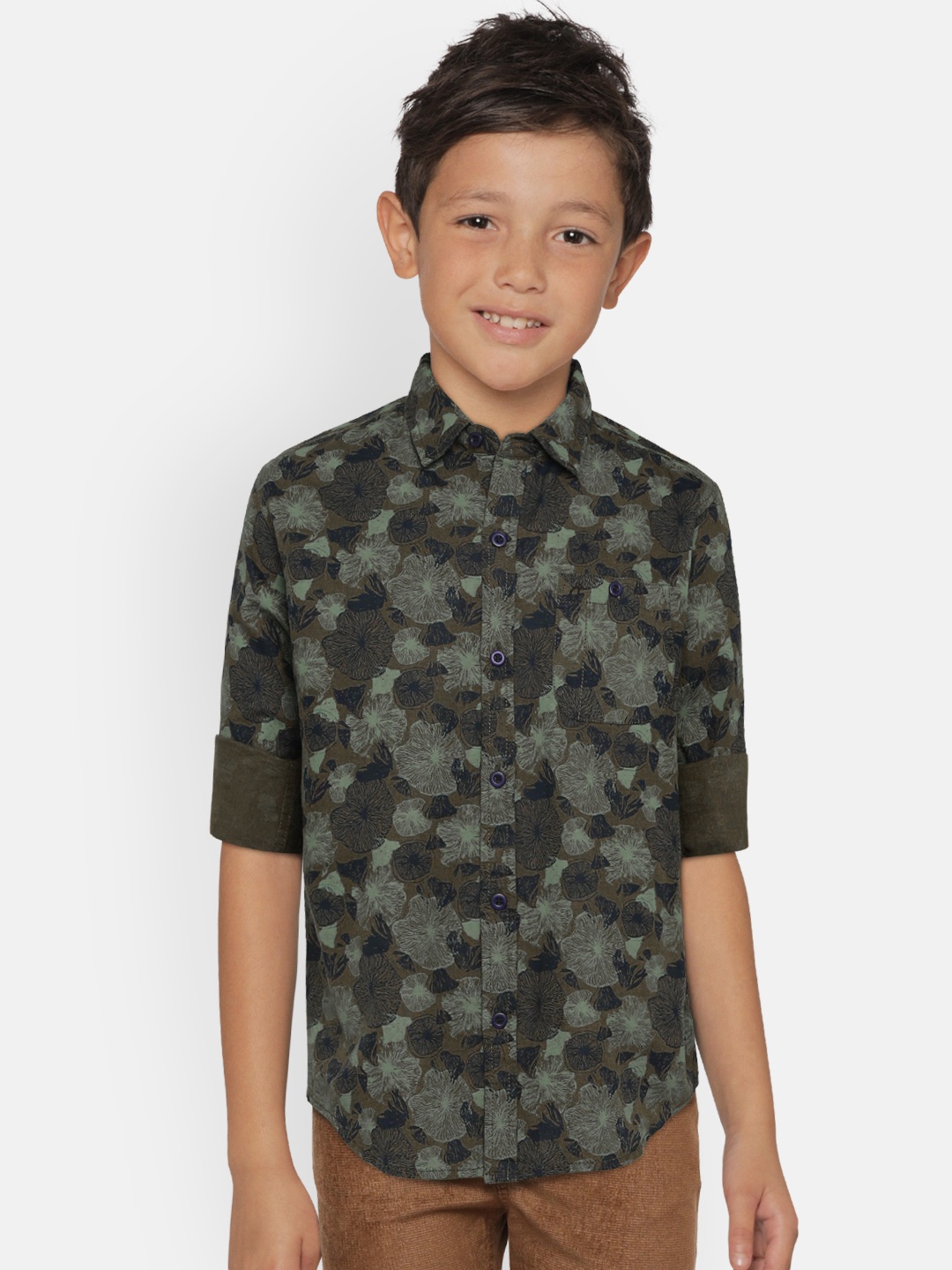 

Gini and Jony Boys Olive Green & Navy Blue Regular Fit Printed Casual Shirt