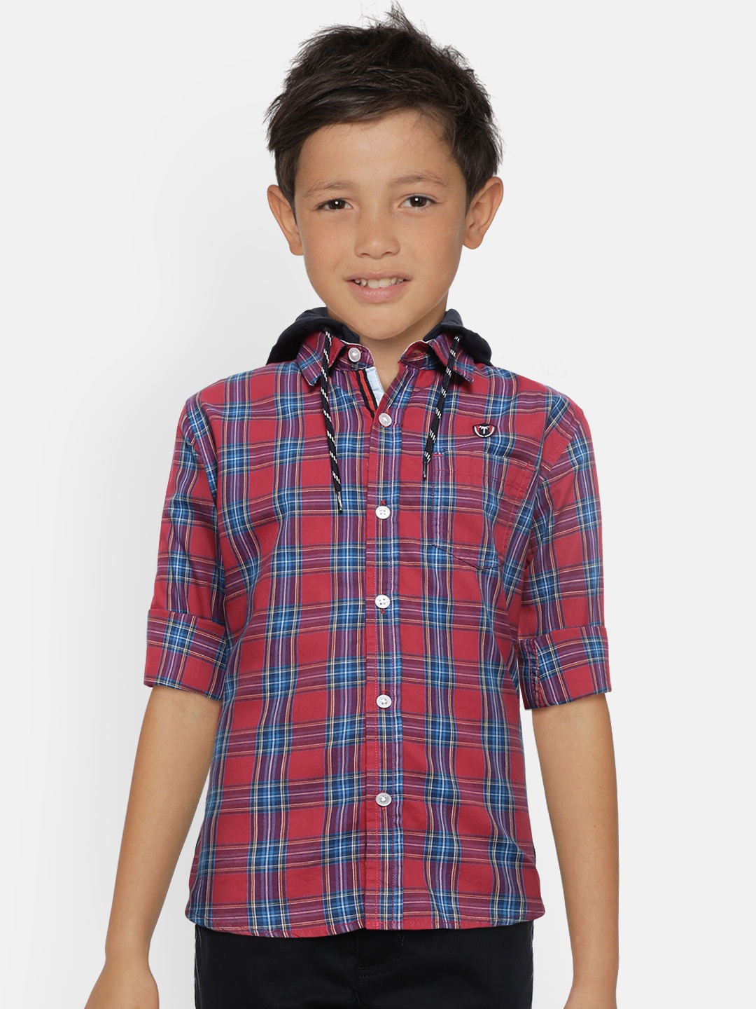 

Palm Tree Boys Red & Blue Regular Fit Checked Hodded Casual Shirt