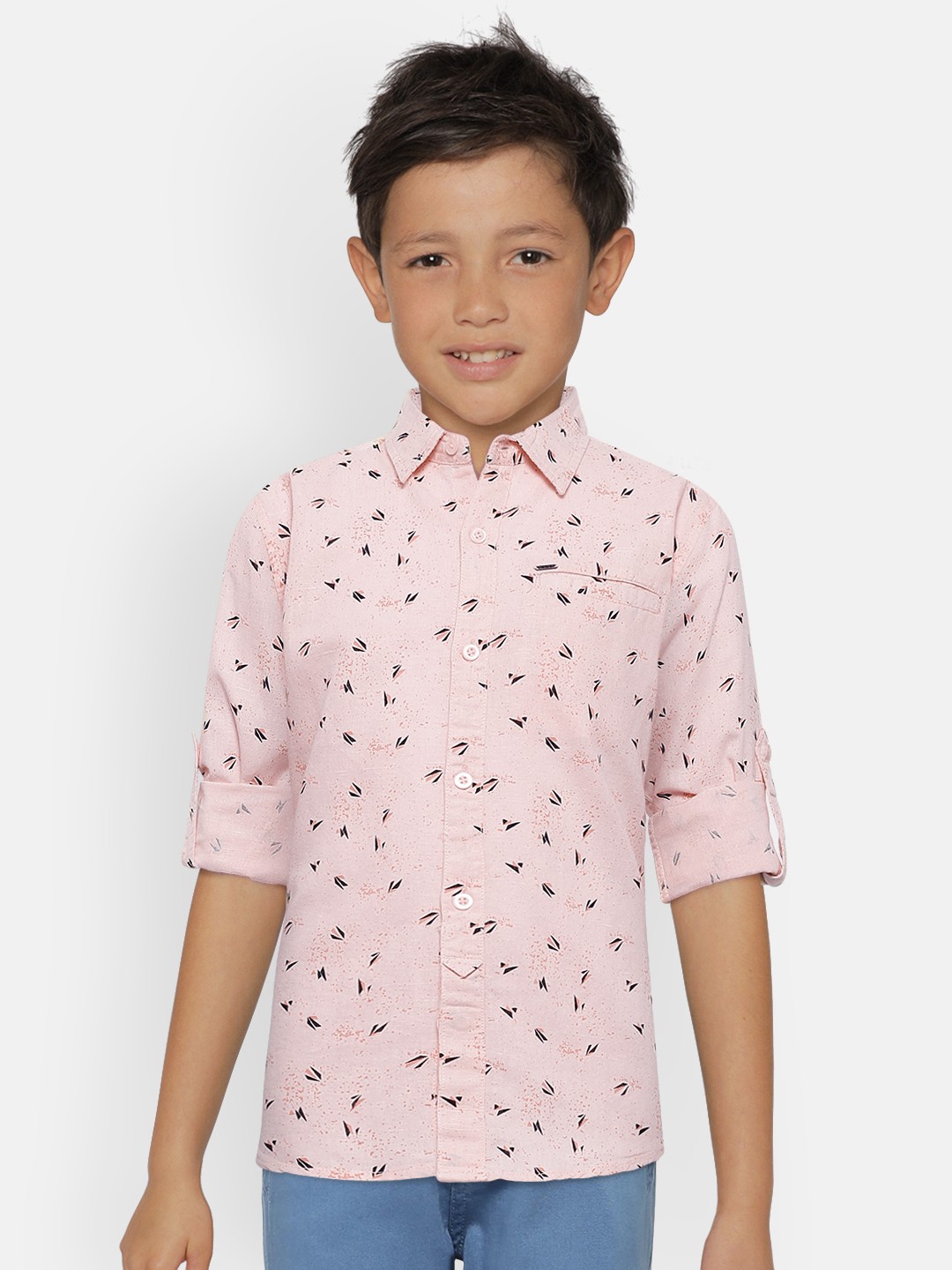 

Gini and Jony Boys Peach-Coloured & Navy Blue Regular Fit Printed Casual Shirt