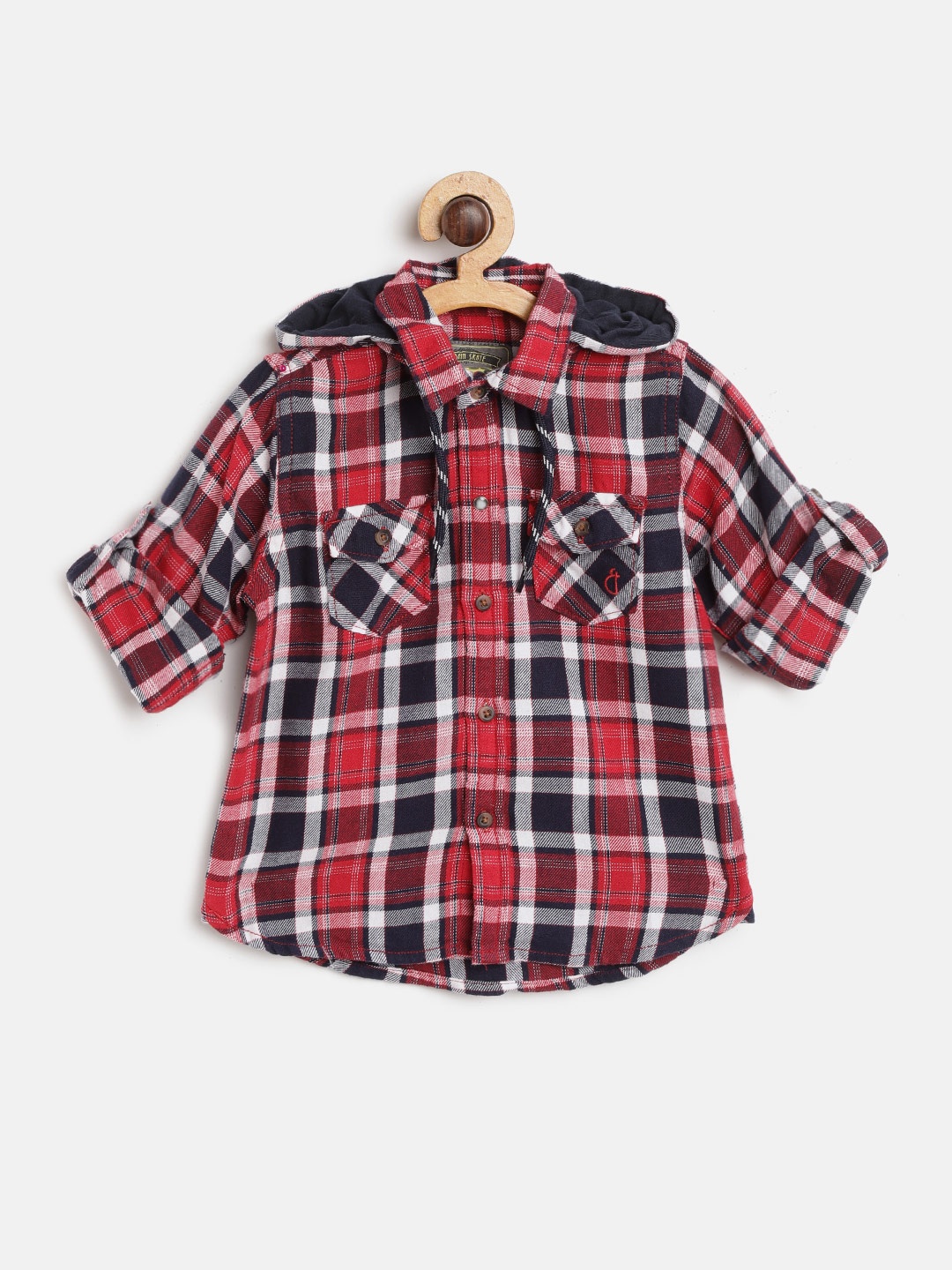 

Gini and Jony Boys Red & Navy Regular Fit Checked Hooded Casual Shirt
