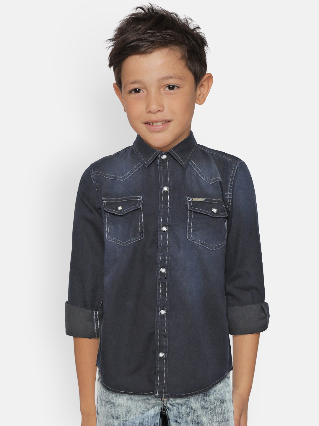 

Palm Tree Boys Navy Blue Chambray Regular Fit Washed Casual Shirt