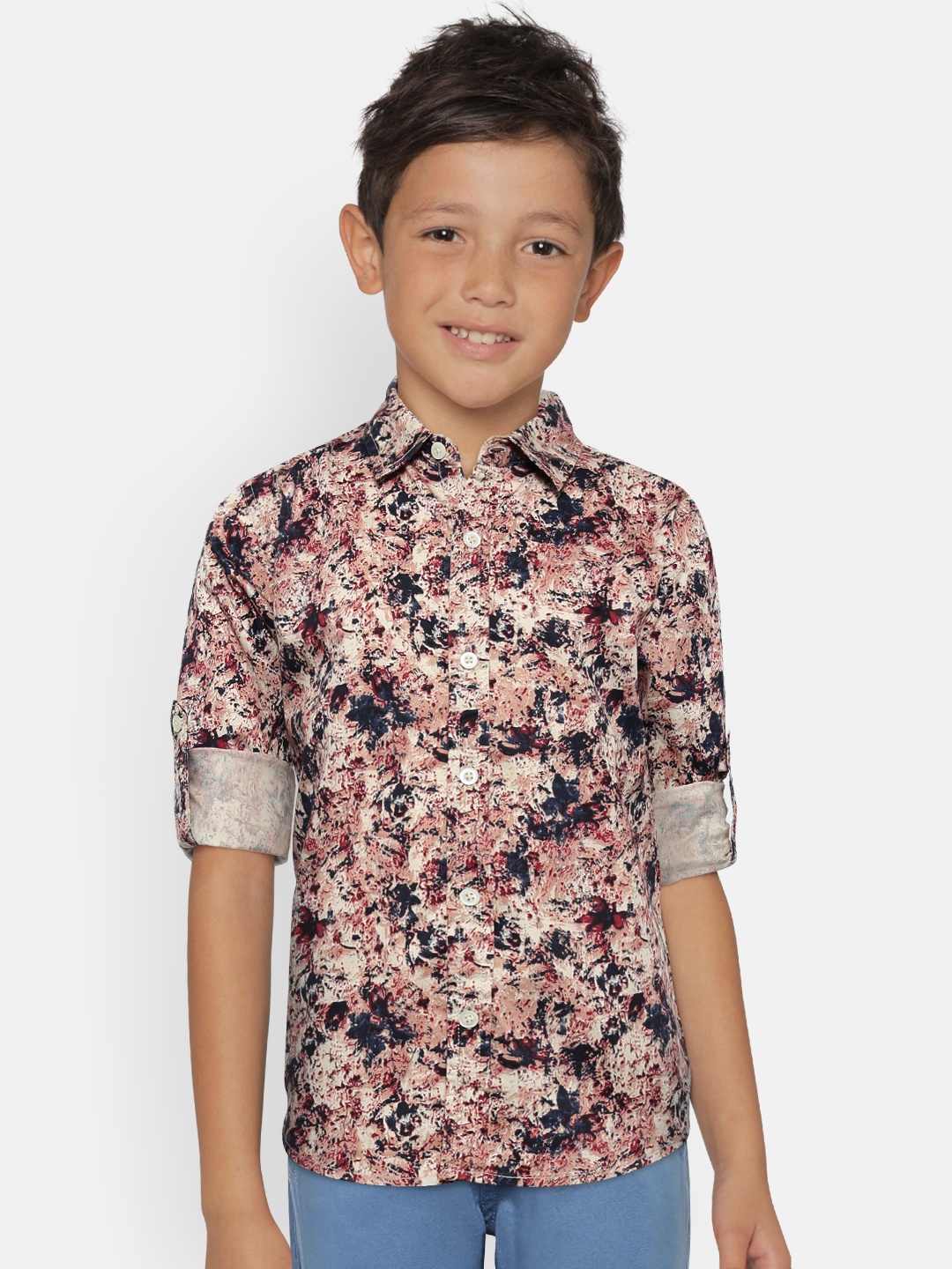 

Gini and Jony Boys Peach-Coloured & Navy Blue Regular Fit Printed Casual Shirt