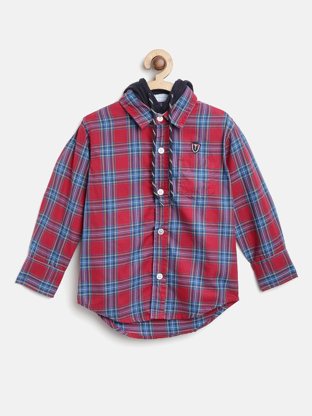 

Palm Tree Boys Red & Blue Regular Fit Checked Casual Shirt with Detachable Hood