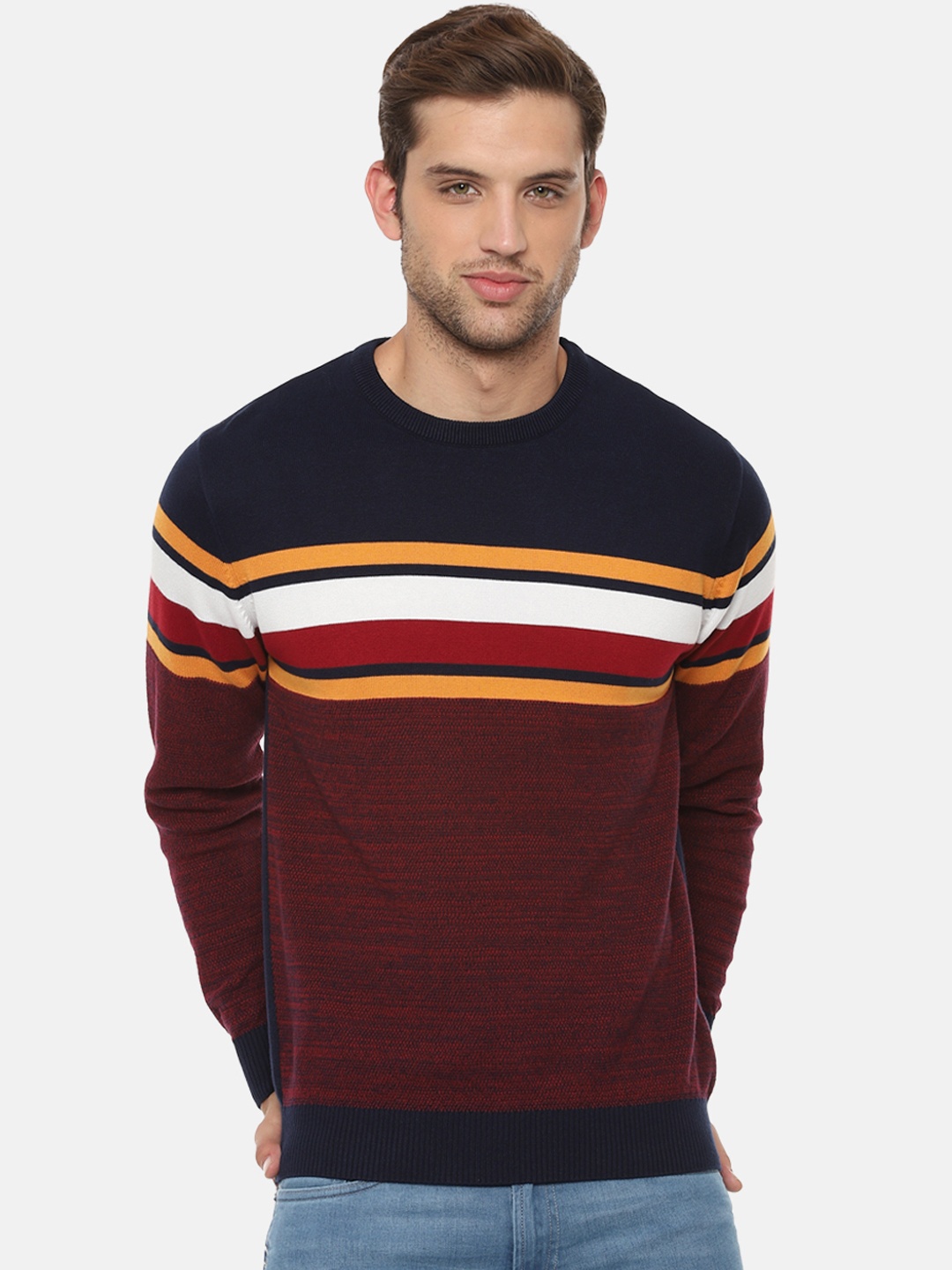 

People Men Maroon & Navy Blue Striped Sweater