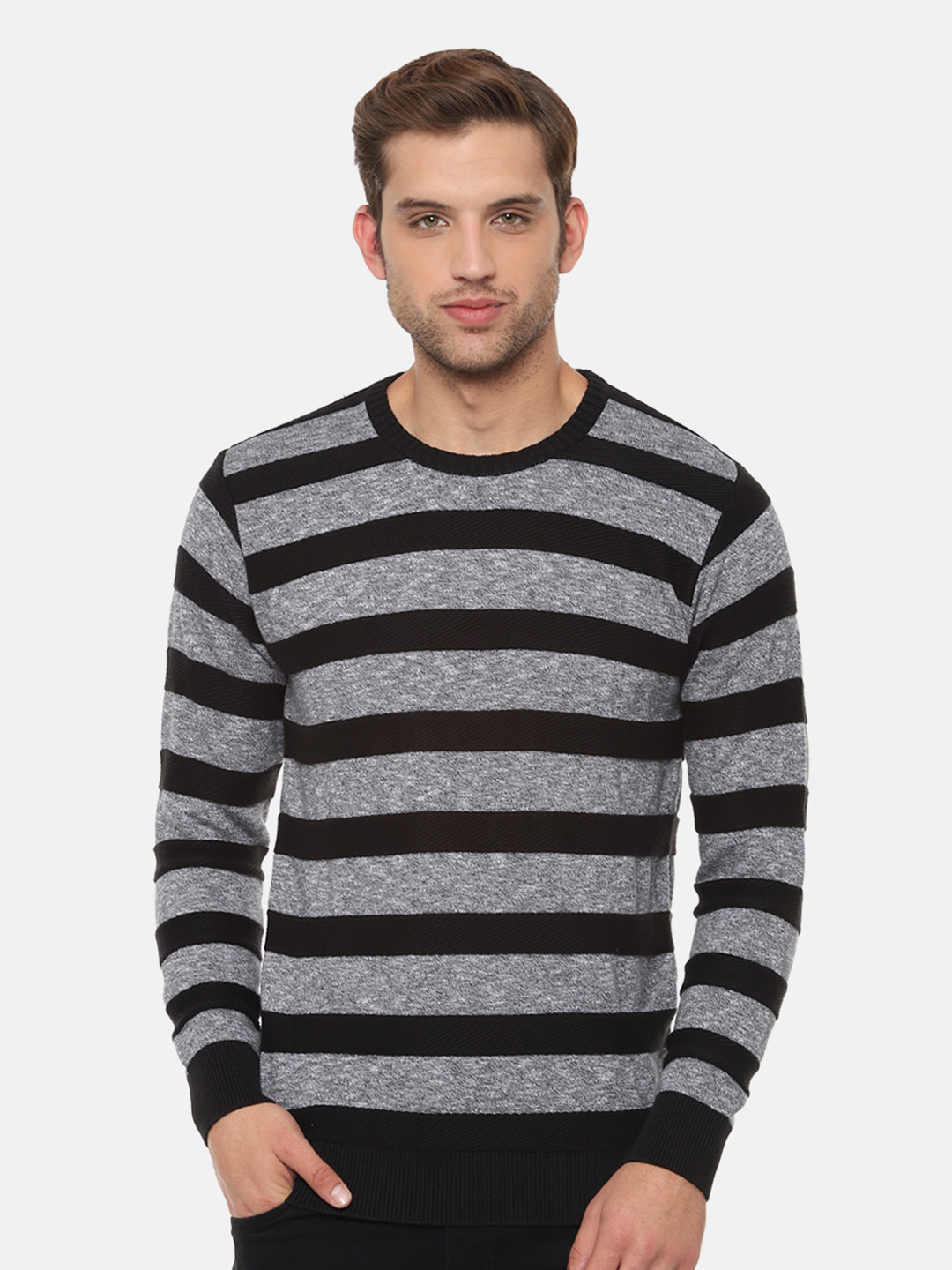 

People Men Grey Melange & Black Striped Sweater