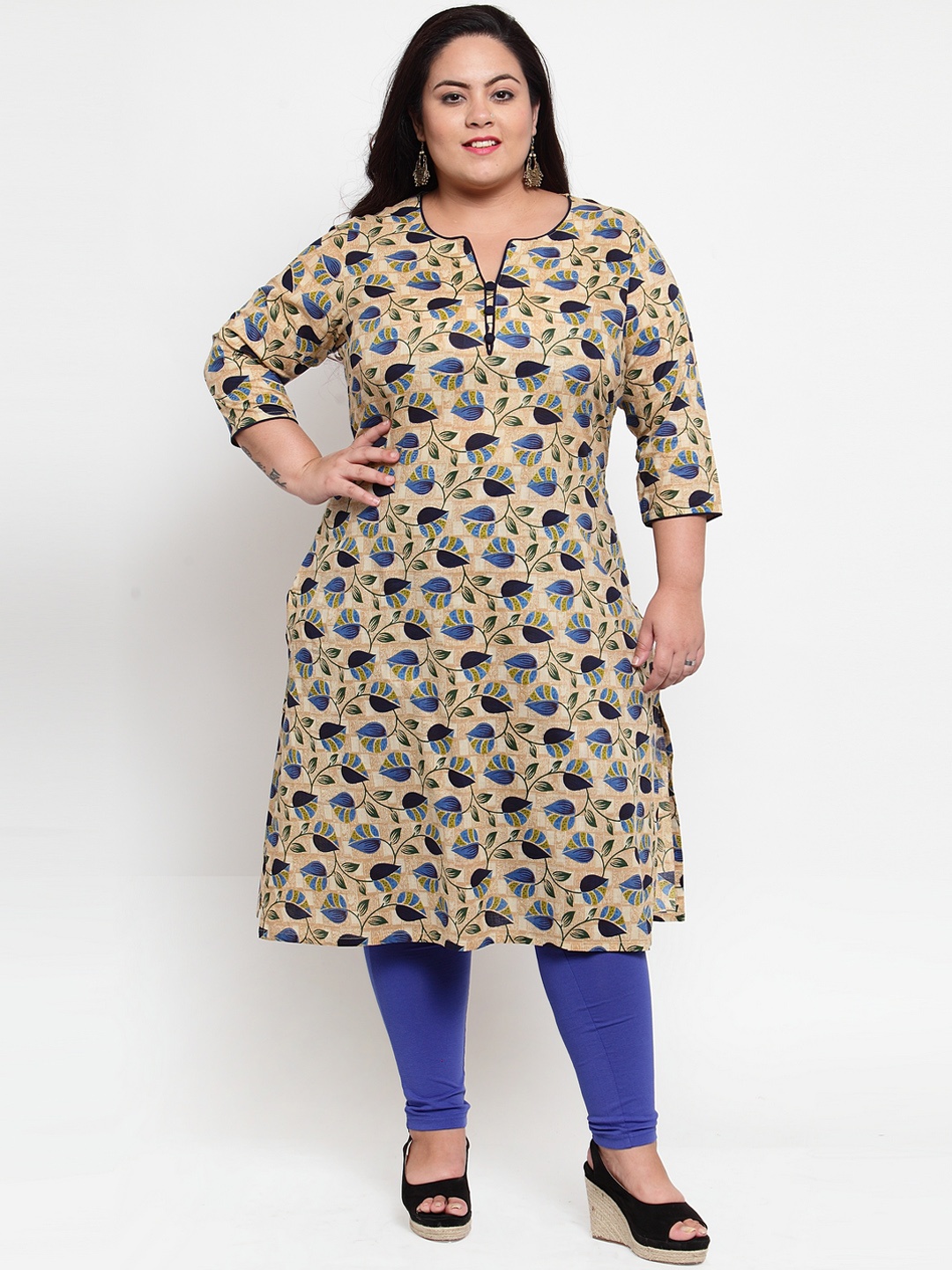 

plusS Women Beige Leafs Printed A-Line Kurta