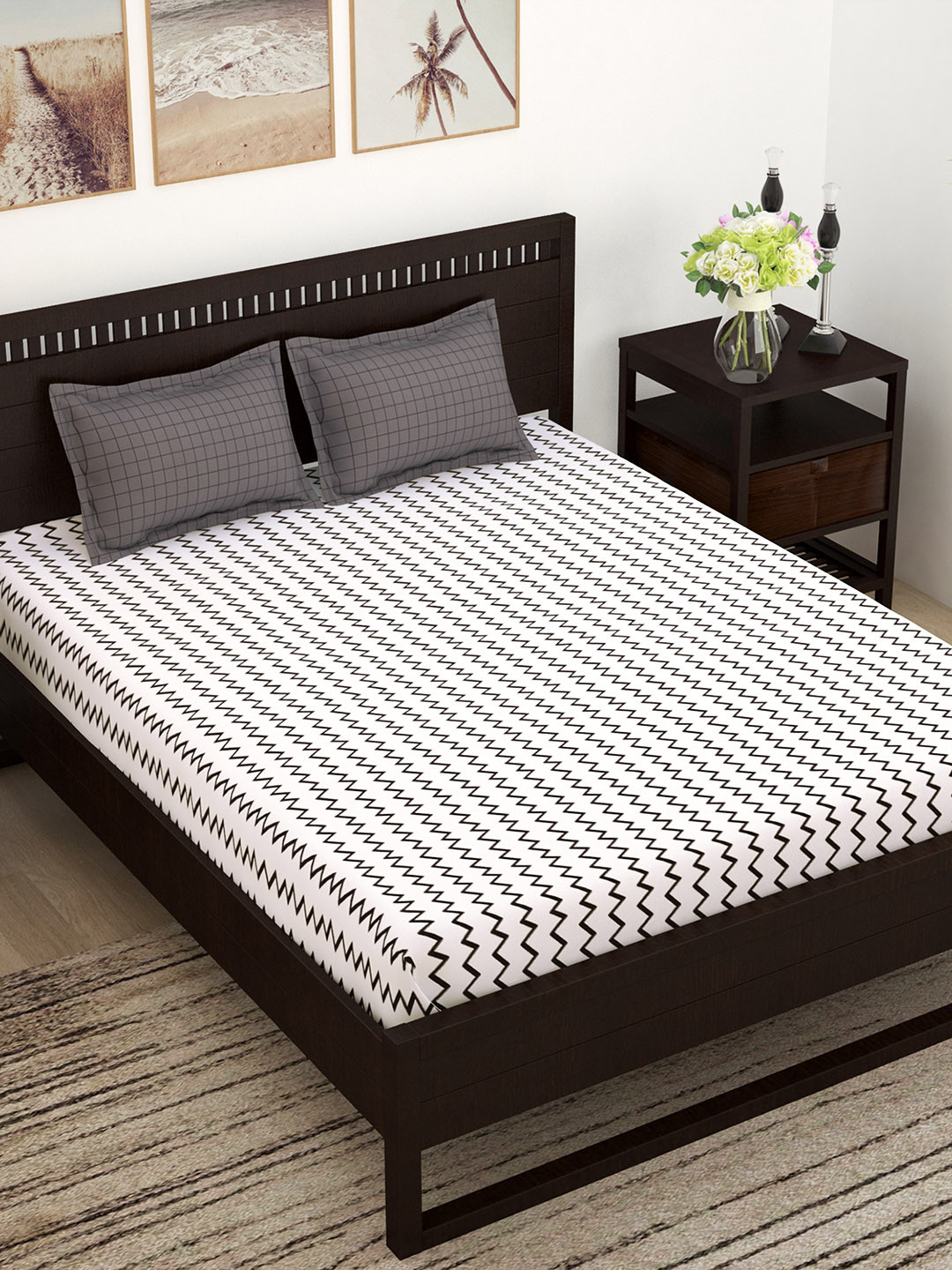 

Story@home Unisex White & Grey 144 TC Cotton 1 Queen Bedsheet with 2 Pillow Covers