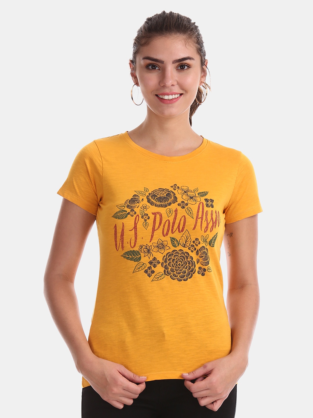 

U.S. Polo Assn. Women Mustard Yellow Black Printed Round Neck Pure Cotton T-shirt