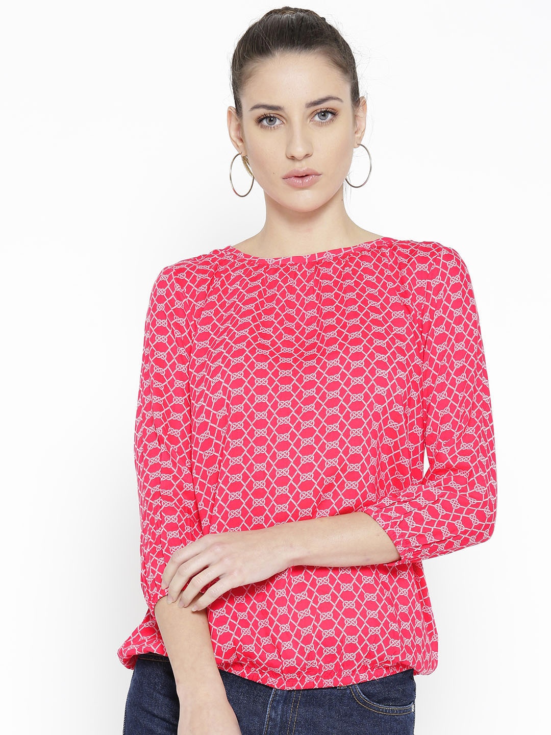 

U.S. Polo Assn. Women Pink & White Conversational Printed Blouson Top