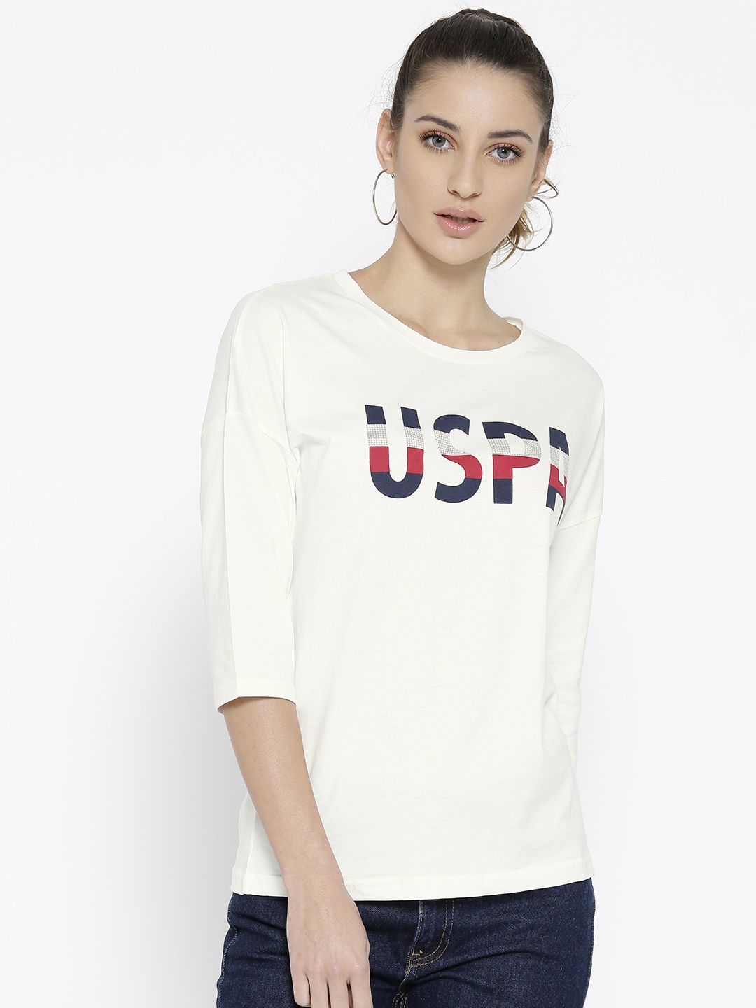 

U.S. Polo Assn. Women White Printed Detail T-shirt