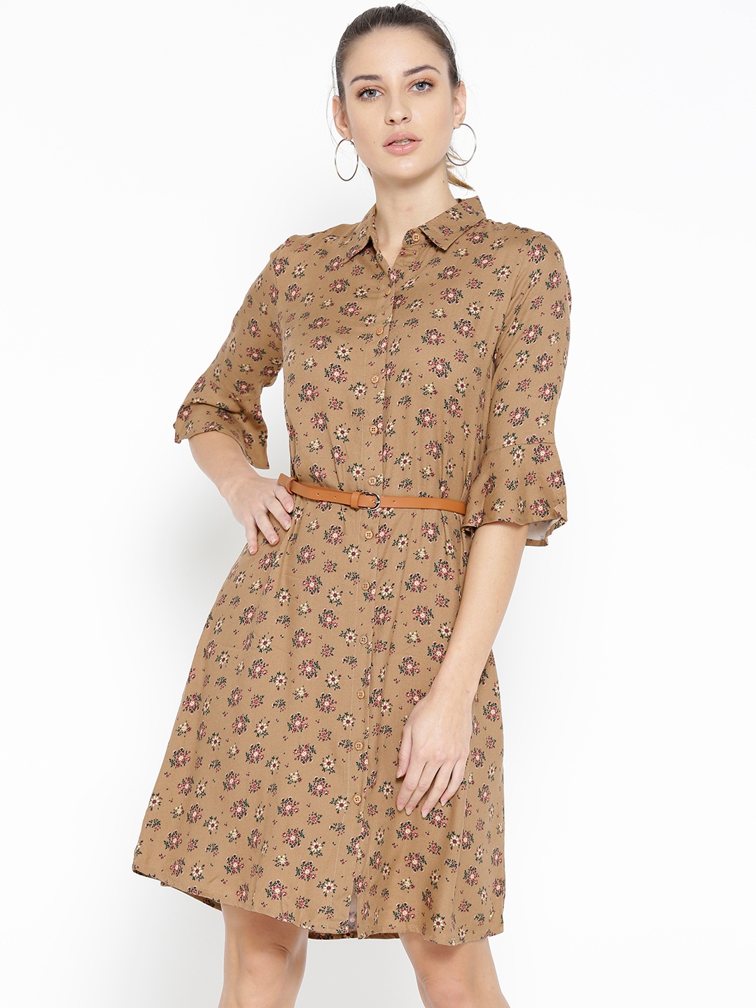 

U.S. Polo Assn. Women Beige & Green Floral Printed Shirt Dress