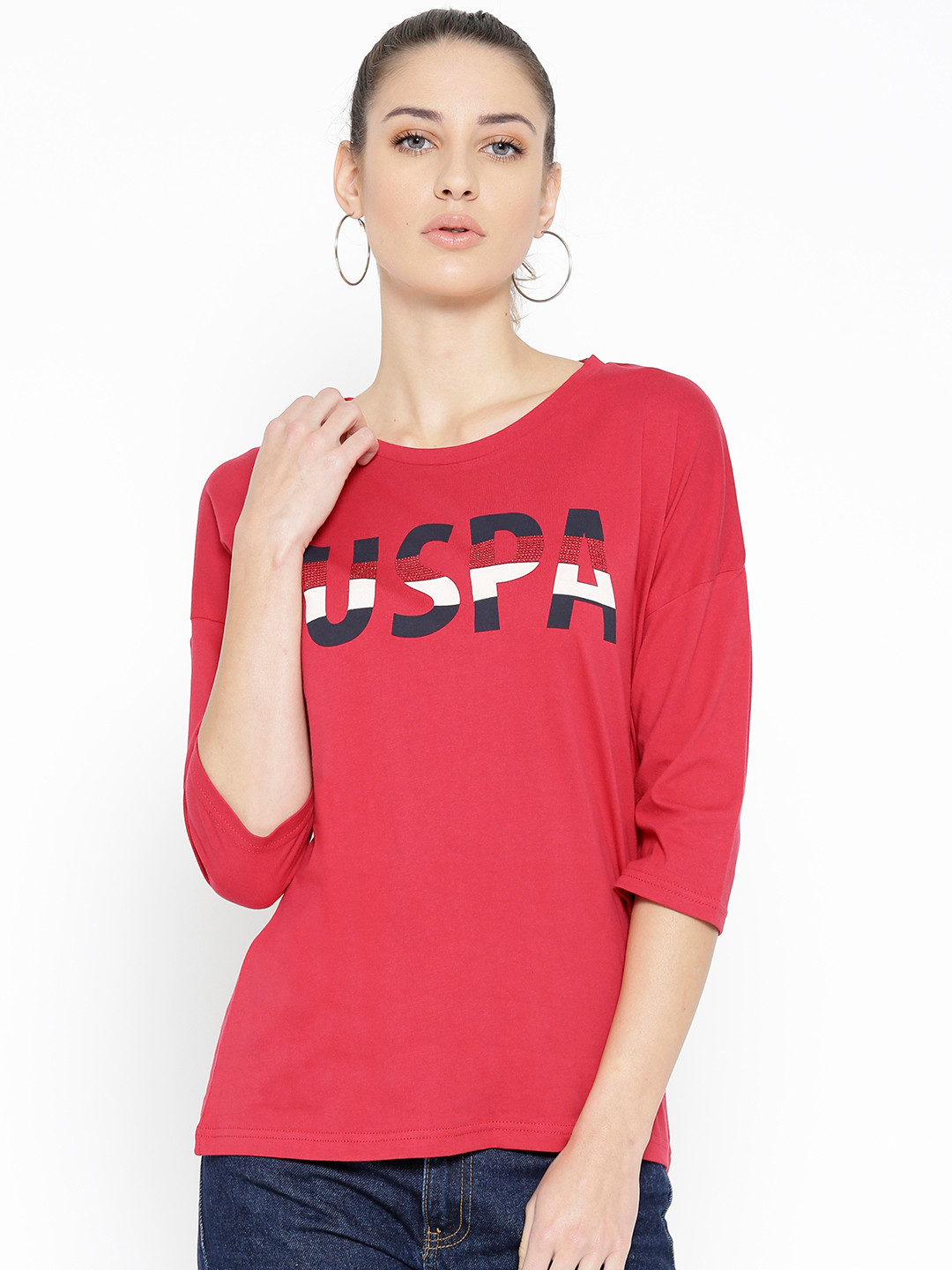 

U.S. Polo Assn. Women Red Printed Detail Round Neck T-shirt