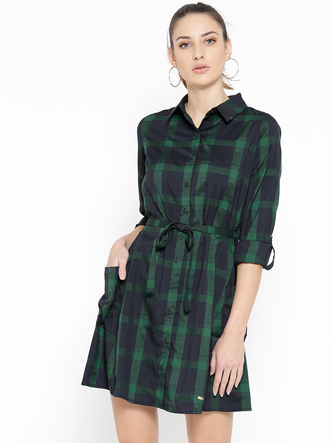 

U.S. Polo Assn. Women Black & Green Checked Shirt Dress
