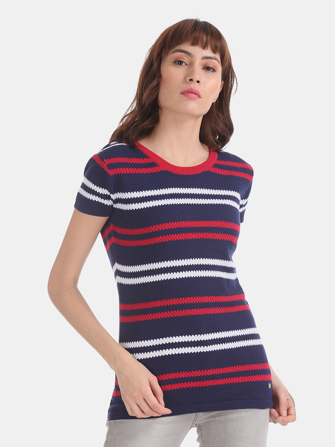 

U.S. Polo Assn. Women Navy Blue & Maroon Striped Pure Cotton Top
