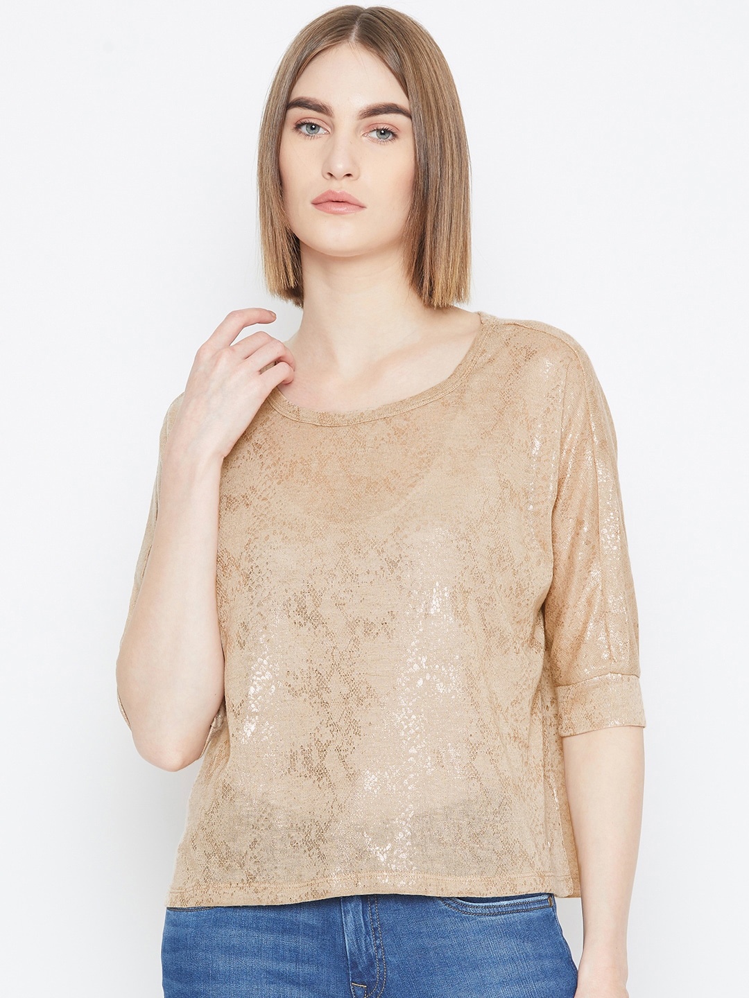 

U.S. Polo Assn. Women Beige & Gold Printed Boxy Top