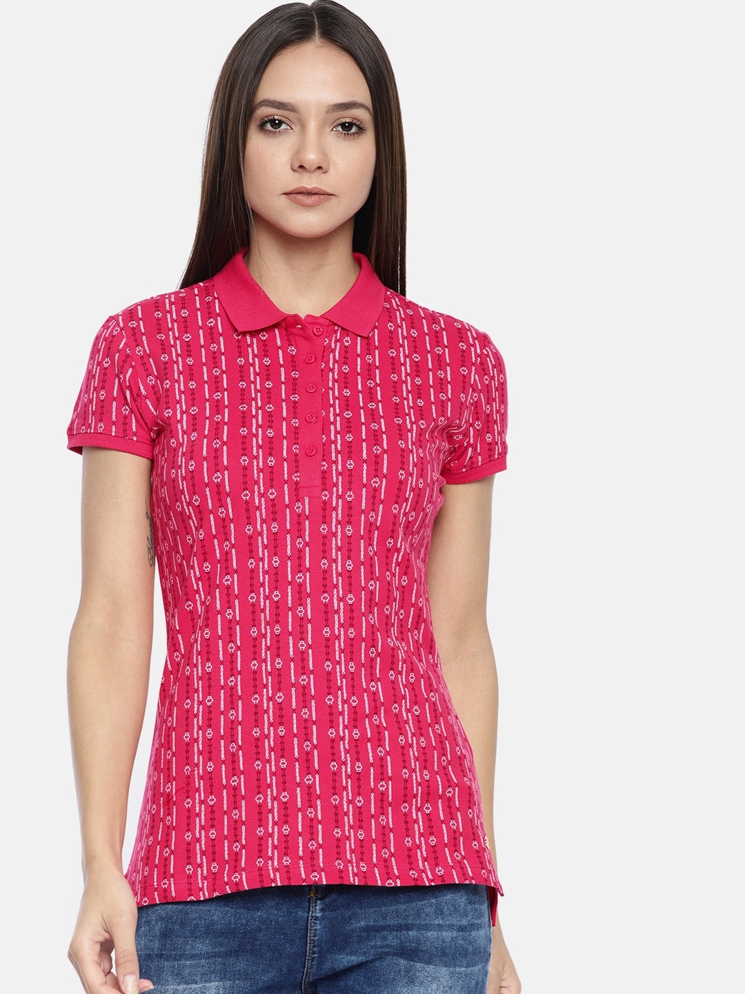 

U.S. Polo Assn. Women Women Pink Striped Polo Collar T-shirt
