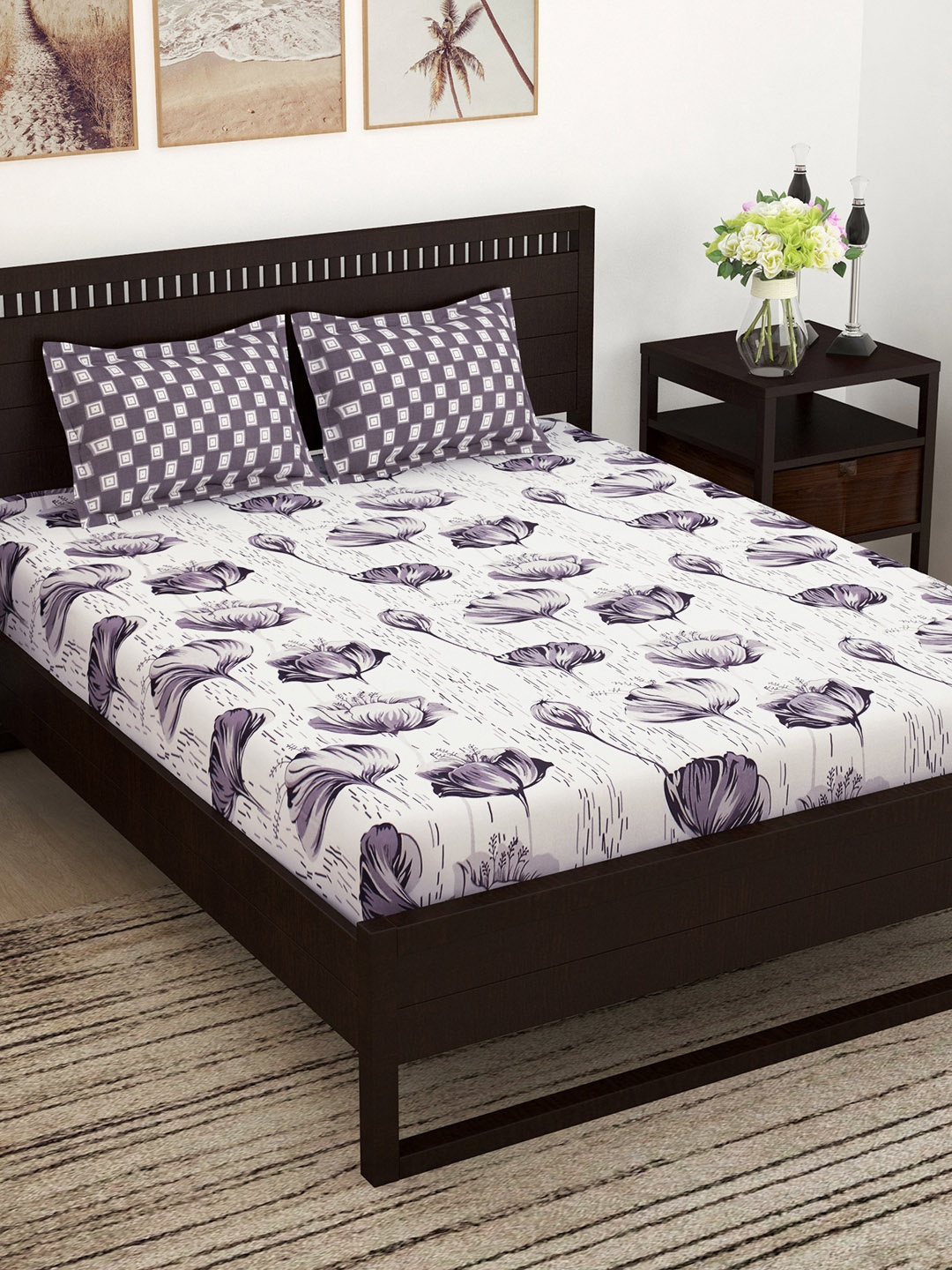

Story@home White & Grey Floral 152 TC Cotton Double Bedsheet with 2 Pillow Covers