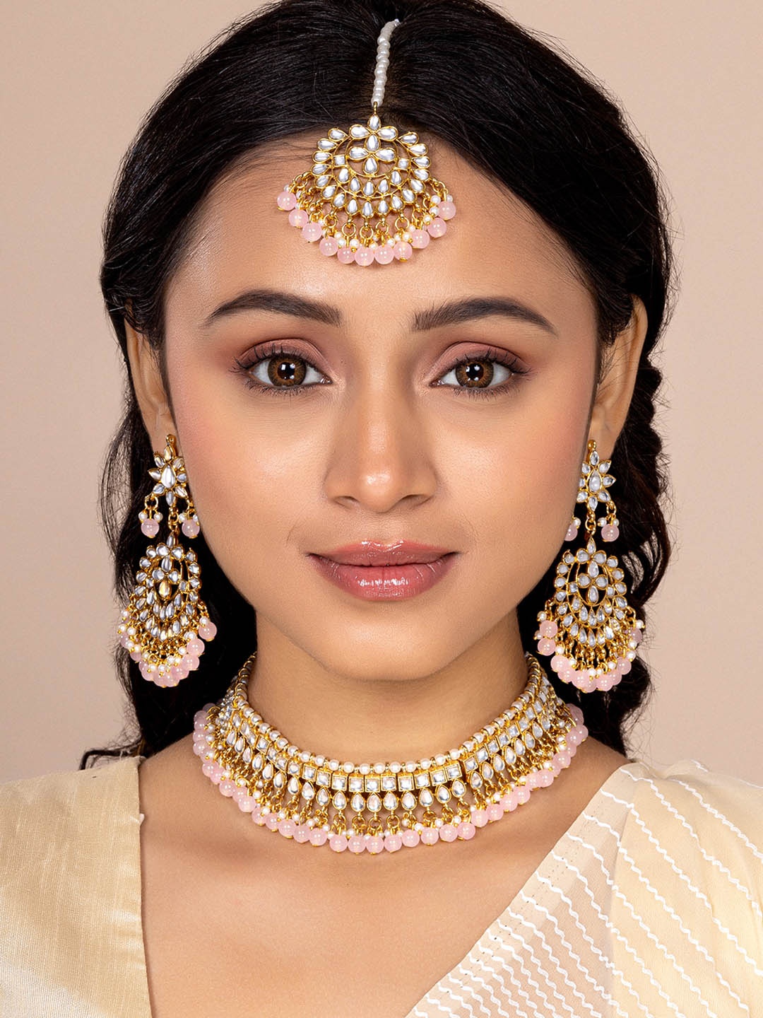 

Peora Pink & 18K Gold Plated Kundan Pearl Jewellery Set